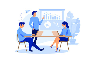 workers are sitting at the negotiating table, collective thinking and brainstorming, company information analytics vector flat modern design illustration