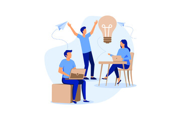 Fototapeta na wymiar online assistant at work. promotion in the network. manager at remote work, searching for new ideas solutions, working together in the company, brainstorming vector flat modern design illustration