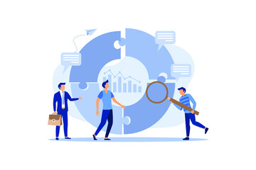 Business teamwork with pieces of puzzle in office. Connecting with puzzle elements vector flat modern design illustration