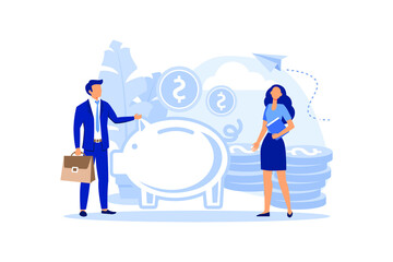 a large piggy bank in the form of a piglet on a white background, small bankers are engaged in work, saving or accumulating money, a coin box with falling vector flat modern design 