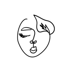 Linear vector illustration of woman face and leaf. Continuous line drawing of elegant face