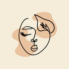 Woman portrait in one line art with abstract shape. Boho vector illustration. Continuous line drawing of elegant face for branding, textile, logo
