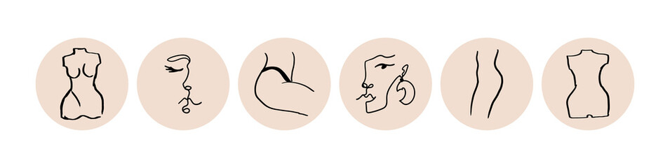 Minimalist feminine highlights covers with linear illustration of woman face and body. Social media template for fashion and beauty blog.  Boho and antique aesthetic icons