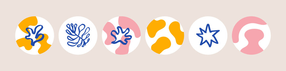 Abstract social media highlight stories with organic abstract shapes and summer plants. Matisse modern style. Vector creative icon design with blue algae