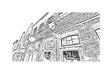 Building view with landmark of Leiden is the 
city in the Netherlands. Hand drawn sketch illustration in vector.