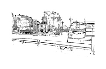 Building view with landmark of Leiden is the 
city in the Netherlands. Hand drawn sketch illustration in vector.