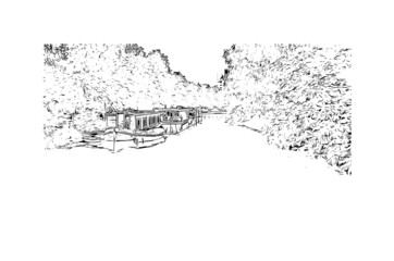 Building view with landmark of Leiden is the 
city in the Netherlands. Hand drawn sketch illustration in vector.