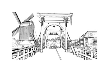 Building view with landmark of Leiden is the 
city in the Netherlands. Hand drawn sketch illustration in vector.