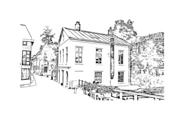 Building view with landmark of Leiden is the 
city in the Netherlands. Hand drawn sketch illustration in vector.