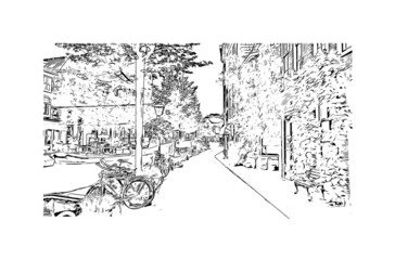 Obraz premium Building view with landmark of Leiden is the city in the Netherlands. Hand drawn sketch illustration in vector.