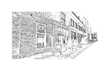 Building view with landmark of Leiden is the 
city in the Netherlands. Hand drawn sketch illustration in vector.