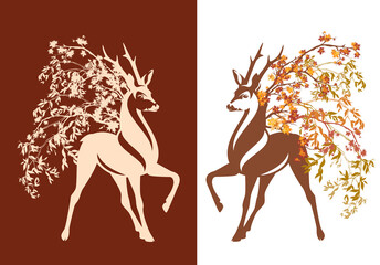 autumn season vector design set  with graceful wild deer stag standing among falling leaves and tree branches