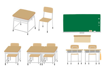 学校 教室の机と黒板の手描きイラストセット（カラー/輪郭線なし）
