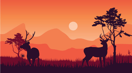 Fototapeta na wymiar two deer in the forest beautiful sunset scenery vector illustration