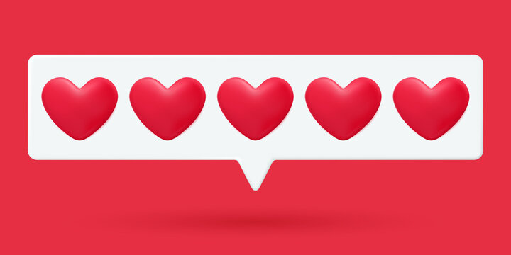 Message bubble with hearts 3d vector. Valentines day love message. Social media like or comment, website feedback. Love, wedding, engagement, datting and passion symbol.