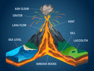 Isometric of volcano in cross section infographic. Structure with indicating of magma chamber, gases cone, vent and crater lava bomb ash. Section of the Earth crust - obrazy, fototapety, plakaty