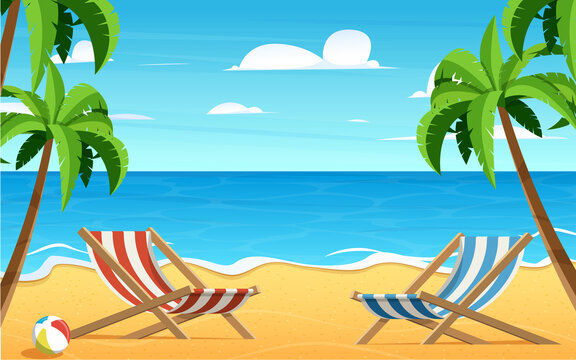Empty beautiful beach and cozy beach chairs. summer  background.