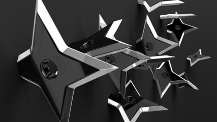 Shuriken - Ninja’s throwing stars on black background. 3DCG illustration.  © Tsurukame Design