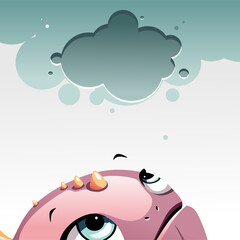 Illustration of a cartoon smiling purple fish that looks up at the dialog box