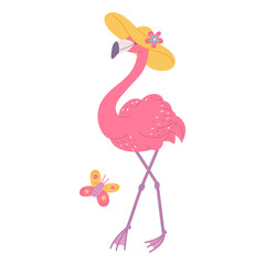 Cute pink flamingo in beach hat. African bird cartoon flat illustration.