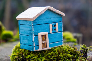 colored wooden model house in the forest