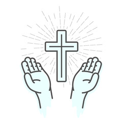 Crucifix and hands, prayer, symbol of Christianity, Jesus Christ holy cross worship, vector