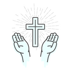 Crucifix and hands, prayer, symbol of Christianity,  Jesus Christ holy cross worship, vector