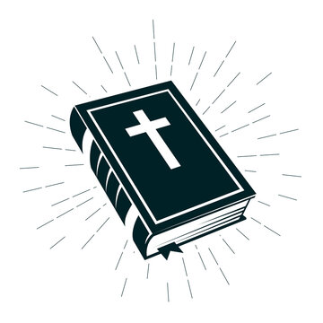 Holy Bible icon, closed old testament book with bookmark and rays, vector