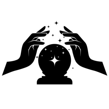 Soothsayer hands and fortune-teller ball, prediction and magic glass sphere, vector