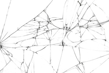 Cracks on the broken protective glass of the smartphone. Texture on a white background.