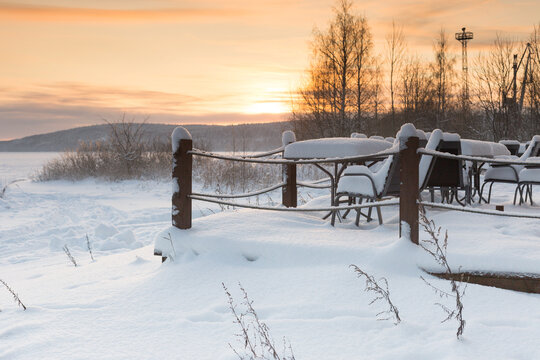 Winter Sunset on Onega Lake, Nordic landscape 