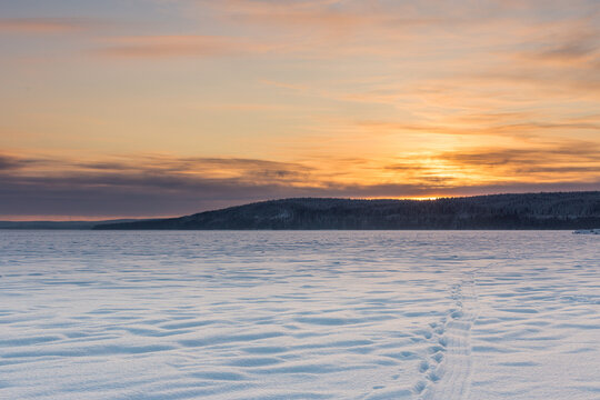 Winter Sunset on Onega Lake, Nordic landscape 