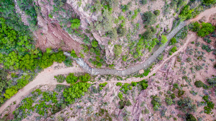 Aerial view on the river in front of the Kanarraville Falls in Kanarraville, Utah, USA