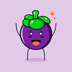 cute mangosteen character with smile and happy expression, two hands up, mouth open and sparkling eyes. green and purple. suitable for emoticon, logo, mascot and icon