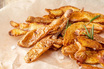 Fried skin potato chips close-up. Sustainable food.