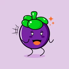 Fotobehang cute mangosteen character with smile and happy expression, two hands clenched and sparkling eyes. green and purple. suitable for emoticon, logo, mascot and icon © Ris_aris