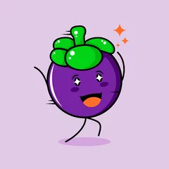 Fotobehang cute mangosteen character with smile and happy expression, run, two hands up and sparkling eyes. green and purple. suitable for emoticon, logo, mascot and icon © Ris_aris