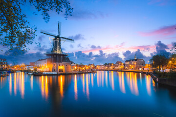 Windmill and traditional houses, Haarlem, Holland 