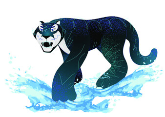 The water black tiger is the symbol of 2022, according to the Chinese calendar. New Year. Panthera tigris. Aquatic tiger, black tiger. Neon fluorescent colors: blue and cyan. For web, postcard, poster