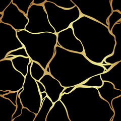 Kintsugi vector illustration. Japanese art, repairing broken pottery with gold. Luxury golden marble seamless texture. Crack and broken ground pattern for fabric print and wallpaper.