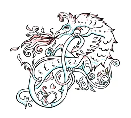 Fotobehang Mythological magic beast Basilisk, legendary bizarre creature. Decorative design in medieval style. Dragon, burning flame. Vector illustration. © vgorbash