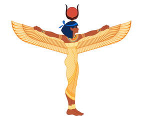 Isis, goddess of life and magic in Egyptian mythology. One of the greatest goddesses of Ancient Egypt, protects women, children, heals sick. Vector illustration over aged background. Winged woman.