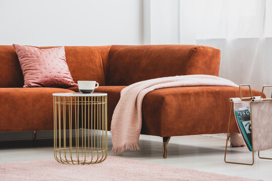 Close up of modern couch with pillor and blanket