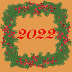 Fototapeta na wymiar fir branch,christmas tree branch,evergreen tree,red berries,christmas wreath,christmas fir branches with red berries,garlands sparkling,flashing,glowing,green,red,yellow,blue,gray,beige background,blu