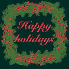 fir branch,christmas tree branch,evergreen tree,red berries,christmas wreath,christmas fir branches with red berries,garlands sparkling,flashing,glowing,green,red,yellow,blue,gray,beige background,blu