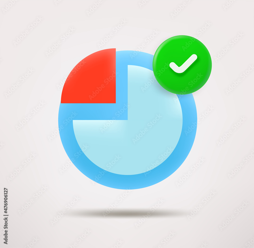 Poster Pie chart icon with checkmark. 3d vector icon
