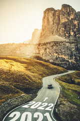 2022 New Year road trip travel and future vision concept . Nature landscape with highway road...