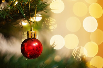 red Christmas ball on a spruce branch with a background of blurry bokke with space for text. High quality photo