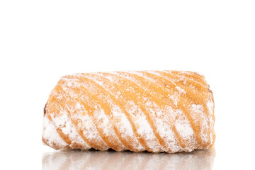 One homemade cookies with jam, close-up, isolated on white.