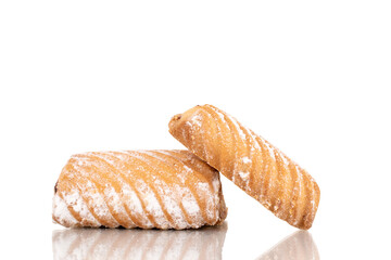 Two homemade cookies with jam, close-up, isolated on white.